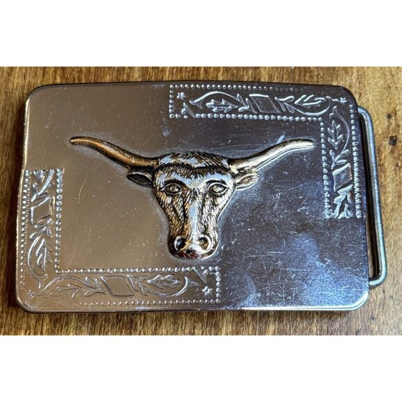 None Other - Vintage Longhorn Steer Head Western Belt Buckle Silver Tone Gold Accent
